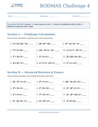 Shree Rsc Tutors Bodmas Challenge Sheet4