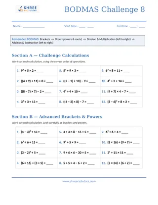 Shree Rsc Tutors Bodmas Challenge Sheet8