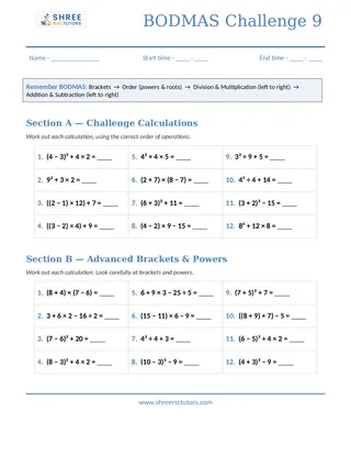 Shree Rsc Tutors Bodmas Challenge Sheet9