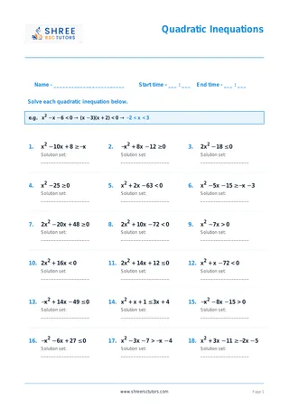 Higher Maths Quadratic Inequations Worksheet 4