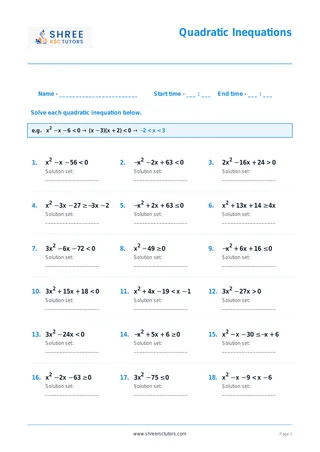 Higher Maths Quadratic Inequations Worksheet 2