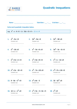 Higher Maths Quadratic Inequations Worksheet 1