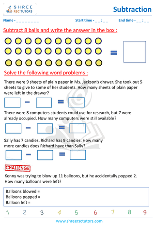 Subtraction Word Problems 'Grade 1 3
