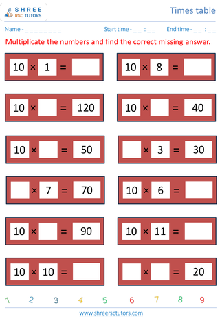 Practice Of 10's Time Table 4