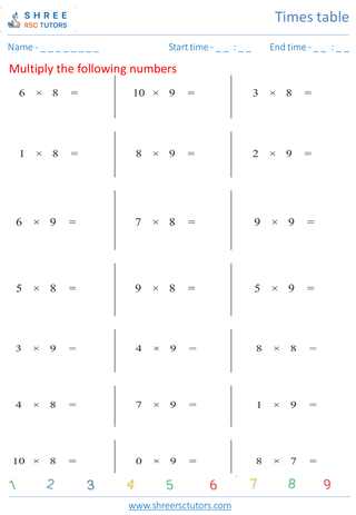 Practice Of 8's And 9's Time Table 5