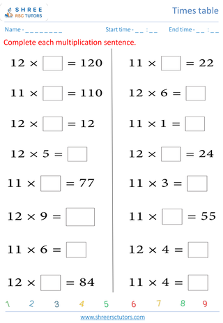 Practice Of 10's, 11's And 12's Time Tables 2