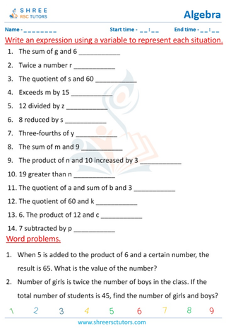 Writing Algebraic Expressions (2)