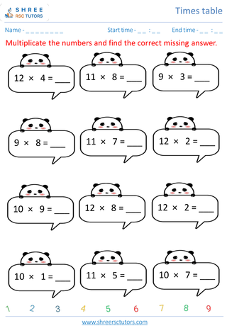 Rivision Of 9's, 10's, 11's And 12's Time Tables 5