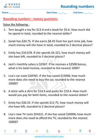Rounding Numbers Money Questions